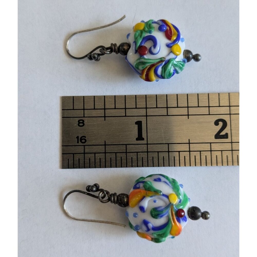 Hand Blown Glass Bead Earrings Colorful Swirls Sterling Silver Hooks - Picture 7 of 13